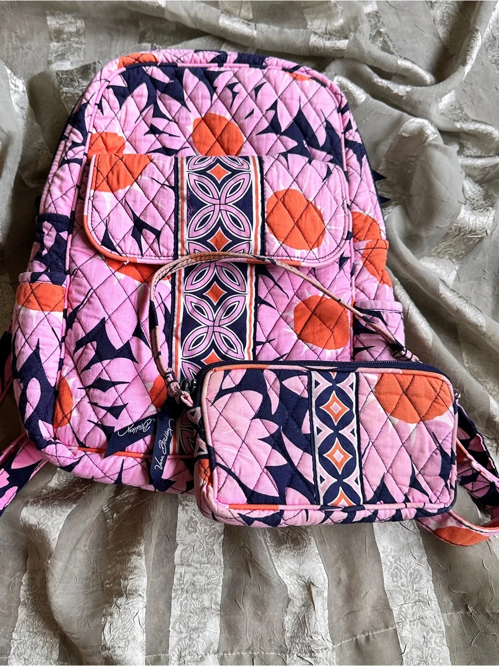 Vera Bradley Loves Me Pink & Orange Quilted Floral Backpack Matching Wallet
